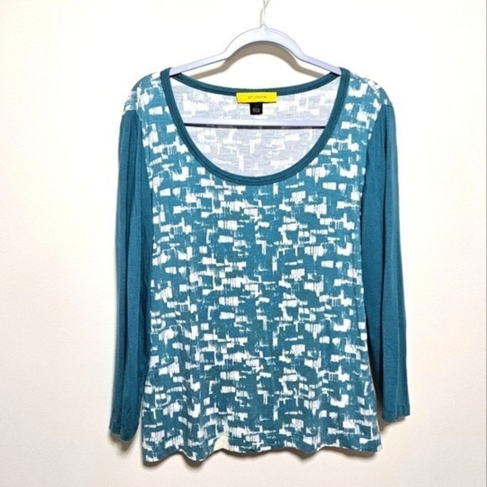 St. John Womens Art‎ Print Top Jersey Knit Cottage L Teal White - Picture 2 of 11